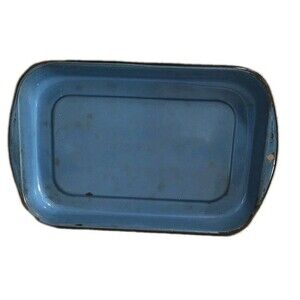 Vintage Enamelware Baking Pan Cake Pan Blue Black Trim 9" X 13" Farmhouse